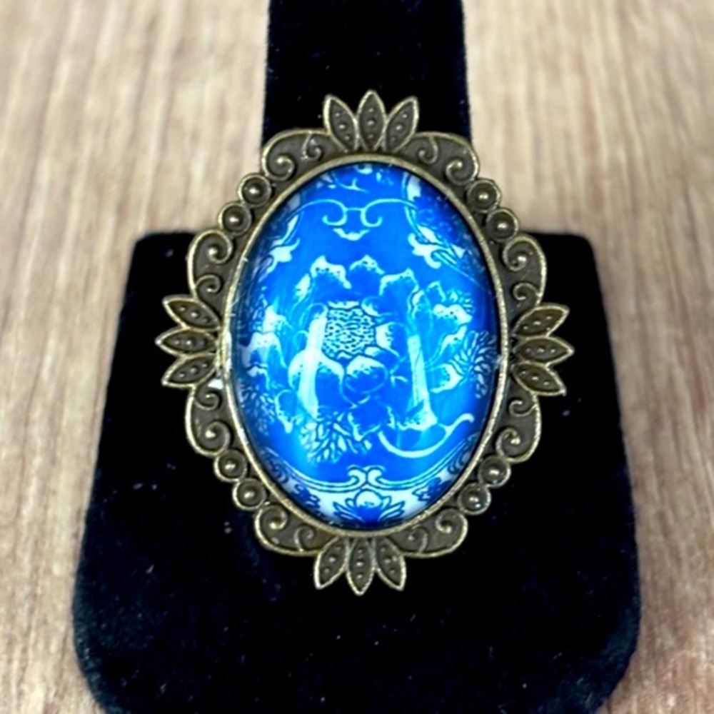 Blue and White Floral Print Victorian Style Adjustable Ring, Handmade, N…